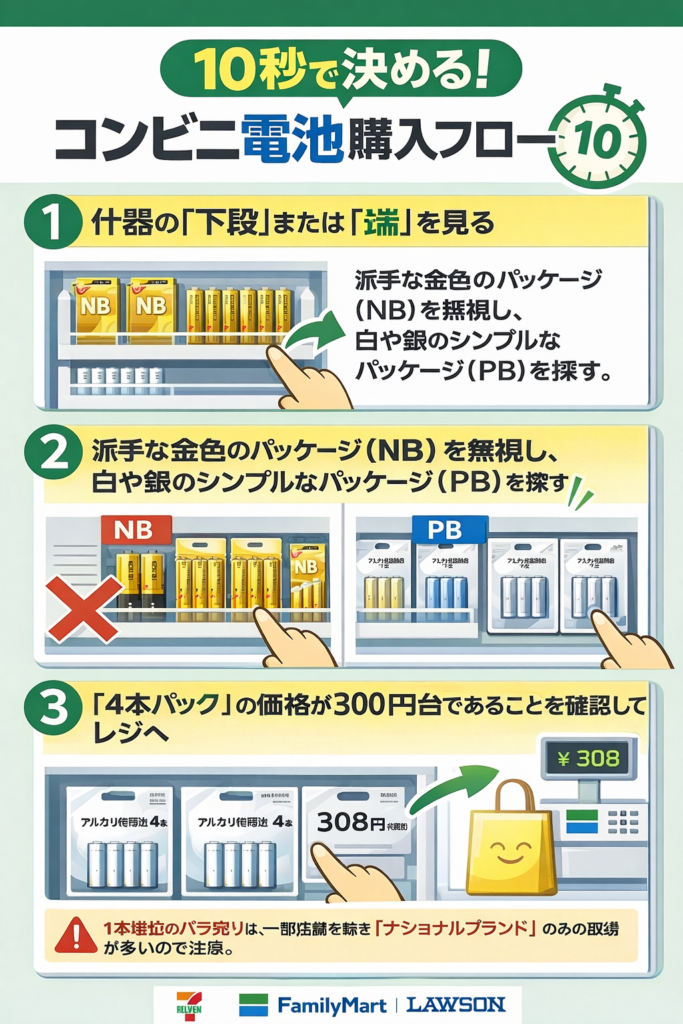 コンビニで安価なプライベートブランド電池を見つけるための3ステップフロー図